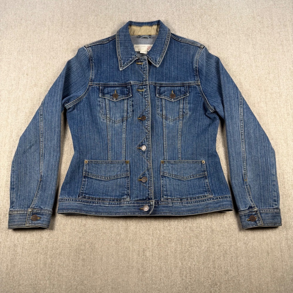 Eddie Bauer Denim Jacket Women Size L Blue Button Front Stretch Utility Trucker